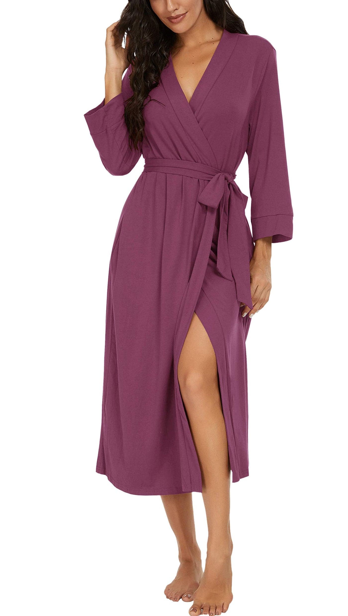 VINTATRE Women Kimono Robes Long Knit Bathrobe Lightweight Soft Knit Sleepwear V-neck Casual Ladies Loungewear Purple Red-Small