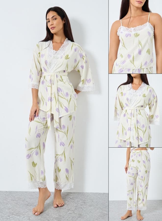 Take Two Pack of 3 - Floral Print Lace Trim Cami, Pants and Robe