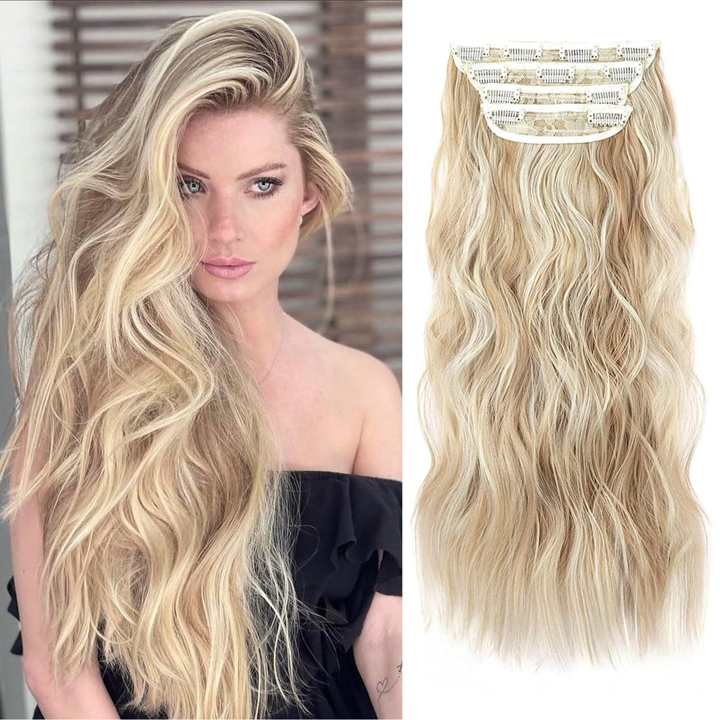 20 Inches Hair Extensions Clip ins Curly Soft Synthetic Clip in Hair Extensions for Women and Girls Color Blonde with Beige Blonde Highlights