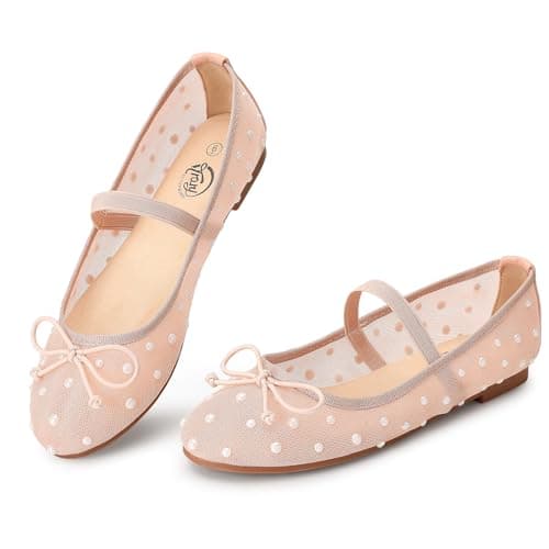 Trary Mesh Nude Flats for Women Round Toe Ballet Flats with Pearls Mary Jane Shoes Women with Bowknot and Elastic Strap, Comfortable Dress Shoes for Wedding Party Casual Wear, Size 8.5