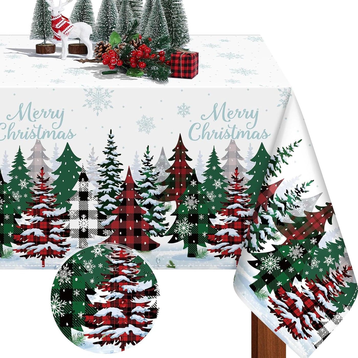 Tiamon Buffalo Plaid Christmas Tree Tablecloth Merry Christmas Snowflakes Fabric Table Cover White Christmas Table Decor for Christmas Home Table Decorations Holiday Party Supplies 60 x 84 Inches