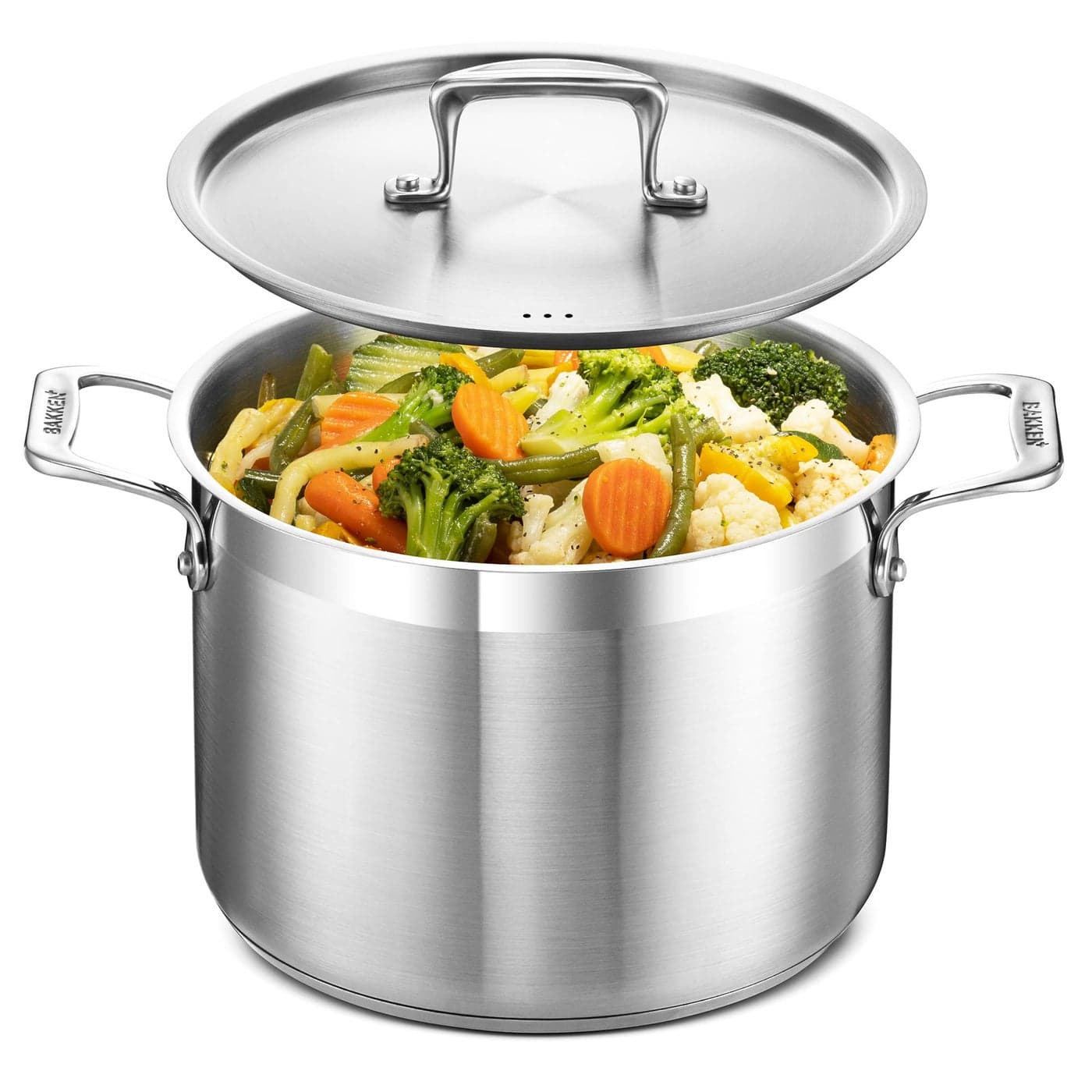 Stockpot 8 Quart Brushed Stainless Steel Heavy Duty Induction Pot with Lid and Riveted Handles For Soup Seafood Stock Canning and for Catering for Large Groups and Events by BAKKEN