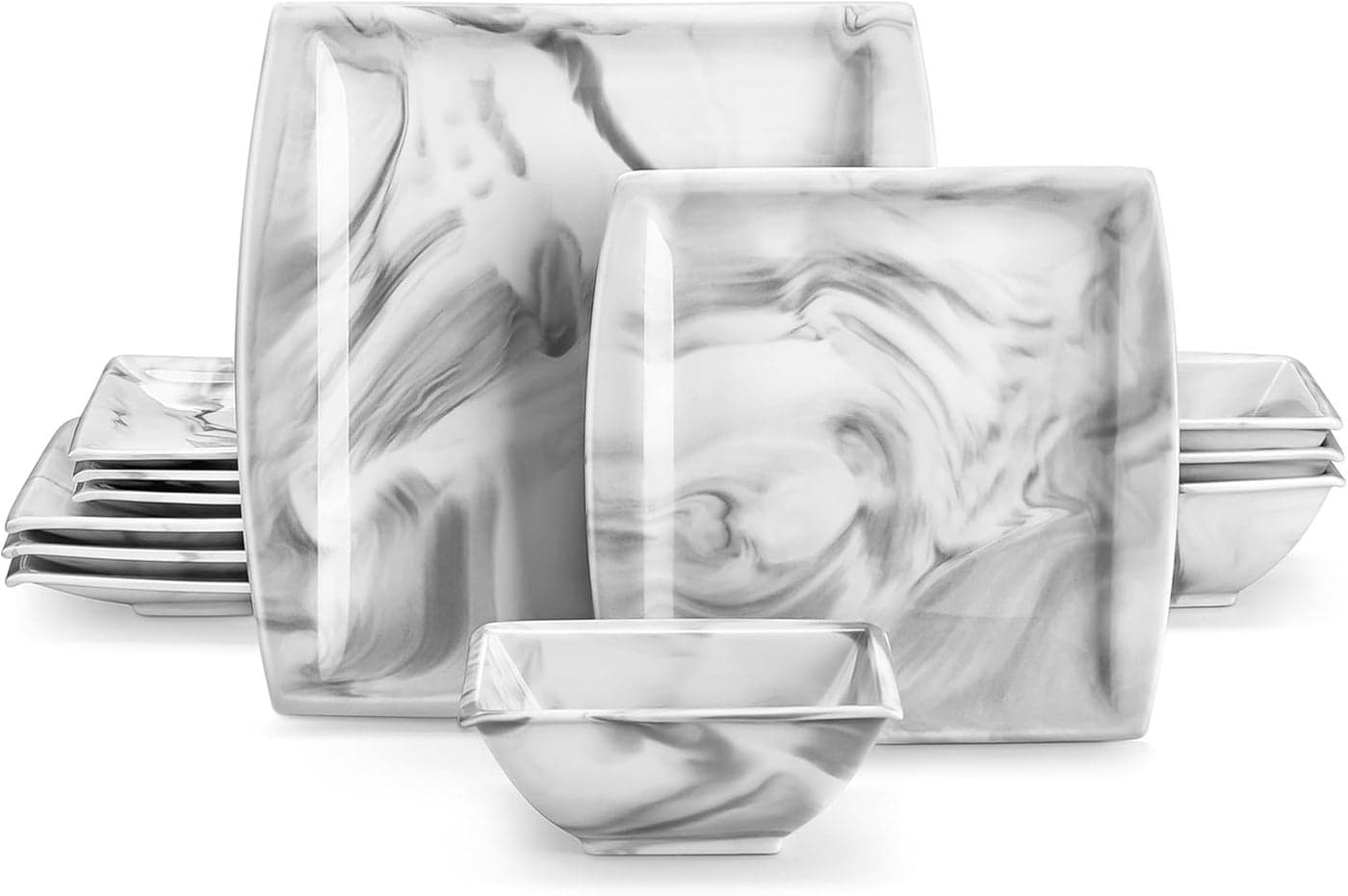 MALACASA Plates and Bowls Sets 12Piece Porcelain Dinnerware Sets for 4 Square Plates and Bowls for Dessert Salad and Soup Ceramic Dishes Dining Dishware Set Marble Grey Series Blance