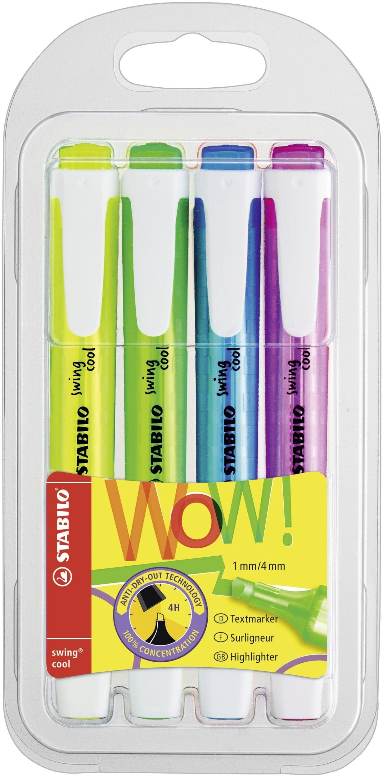 STABILO Highlighter swing cool - Pack of 4 - Yellow, Green, Blue, Pink