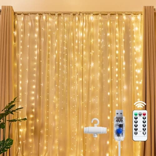 Brightown 300 LED Fairy Curtain Lights, 9.8ft x 9.8ft Warm White Curtain String Lights, USB Plug in 8 Lighting Modes Christmas Decoration, Hanging Lights with Remote for Bedroom Indoor Weddings Dorm