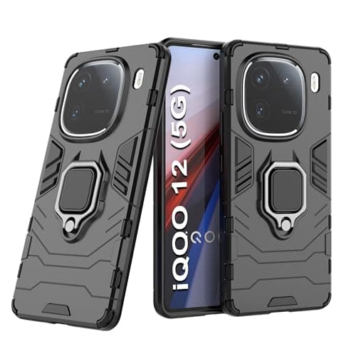 CEDO Kickstand Cover for iQOO 12 (5G) Rugged Case | Built-in Stand Rotating Ring Holder | Military Grade Armor Bumper Back Cover (Black)