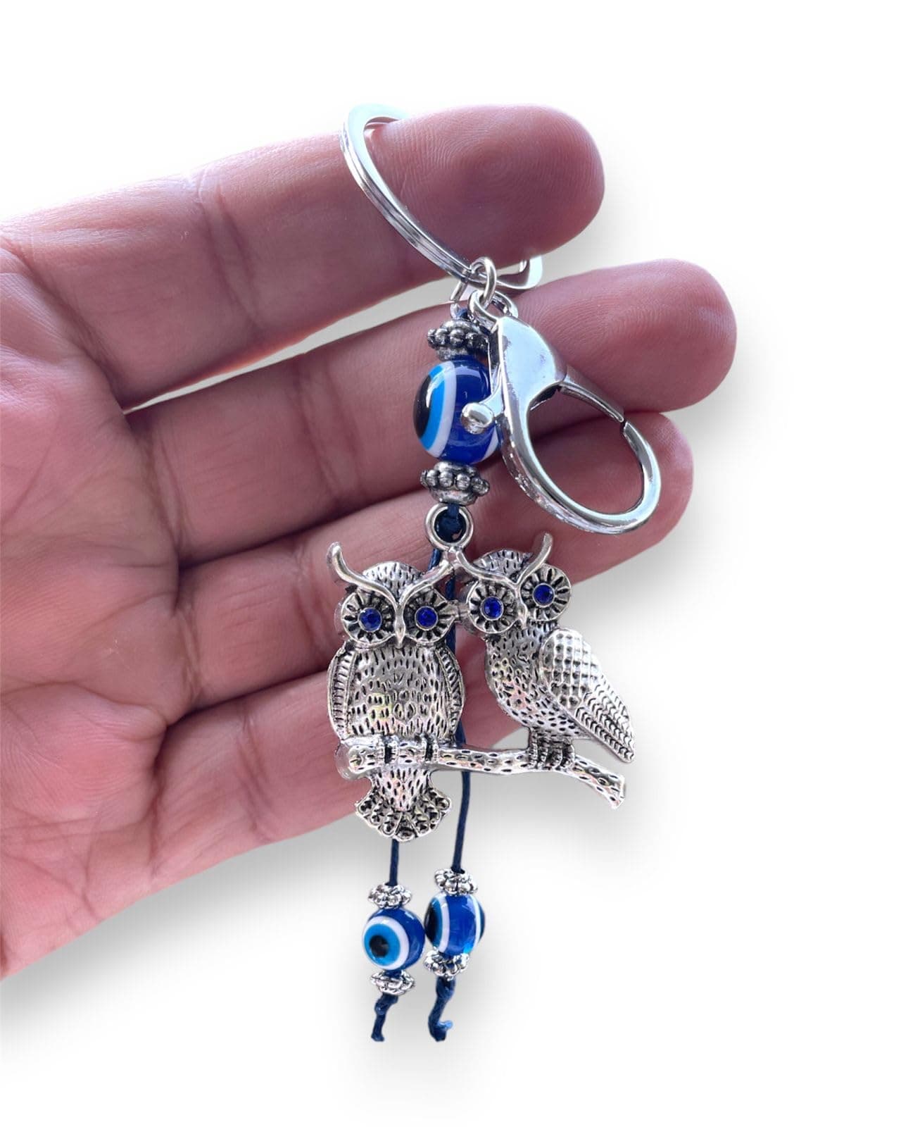 BLUE BEADS Silver Color Double Owl with Evil Eye Keychain For Bike/Car Gifting With Key Ring (Pack Of 1)
