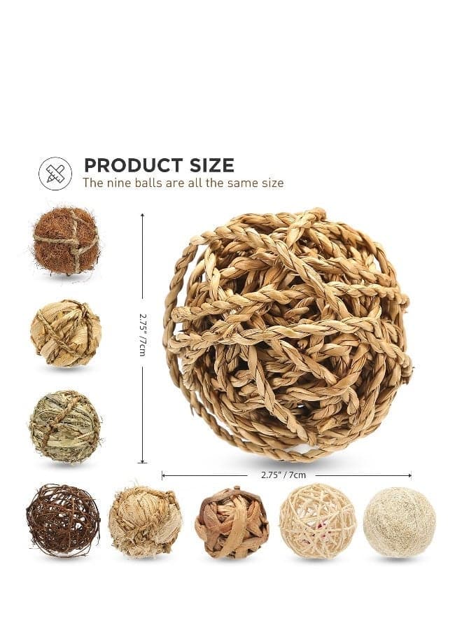 Natural Grass Chew Toys Set of 9 for Small Pets - Dental Health Improvement for Rabbits, Chinchillas, Hamsters, Gerbils, Rats, Mice - Fun and Beneficial Play Balls for Hamsters and