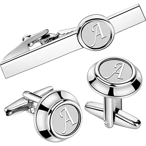 Silver Cufflinks and Tie Clip Set for Men Tuxedo Shirt Necktie Initial Letter A Engraved Tie Set Formal Business Wedding Tuxedo Shirts