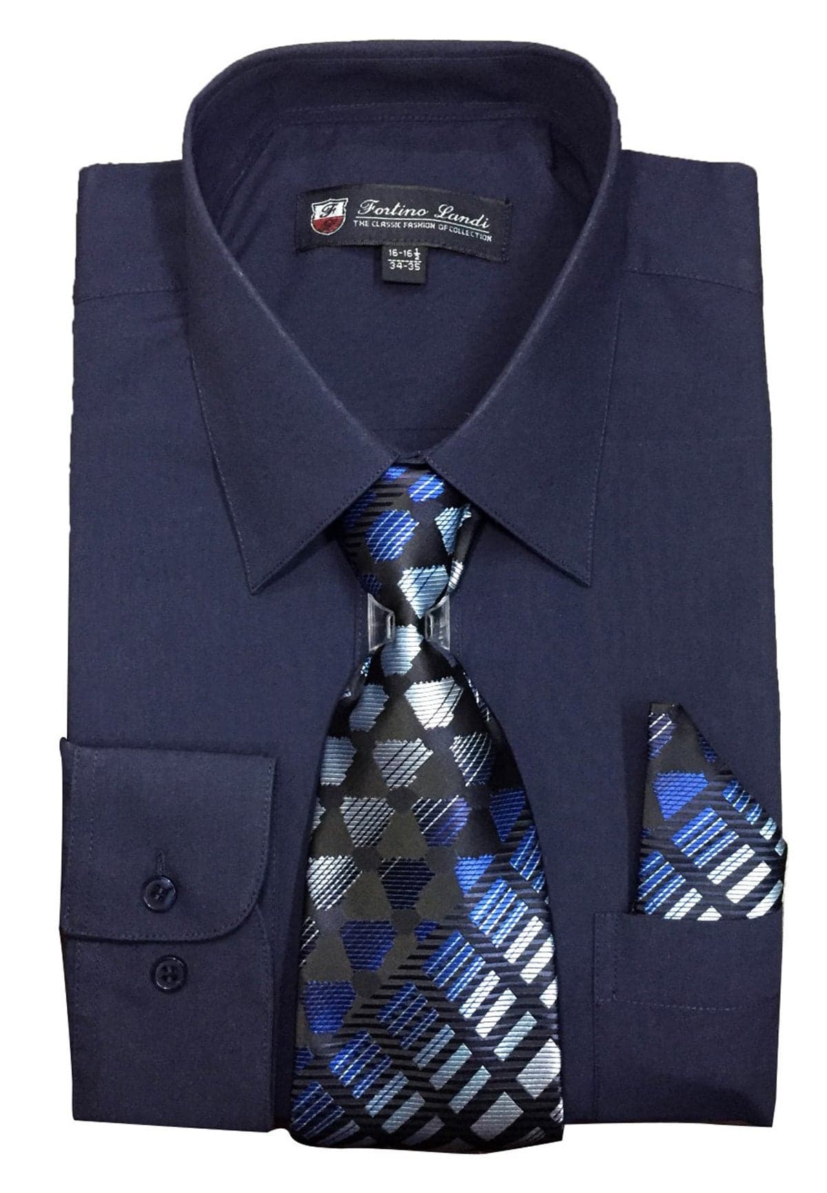 Fortino Landi Men's Long Sleeve Dress Shirt with Matching Tie and Handkerchief (16-16.5” Neck 34/35” Sleeve (Large), Navy)