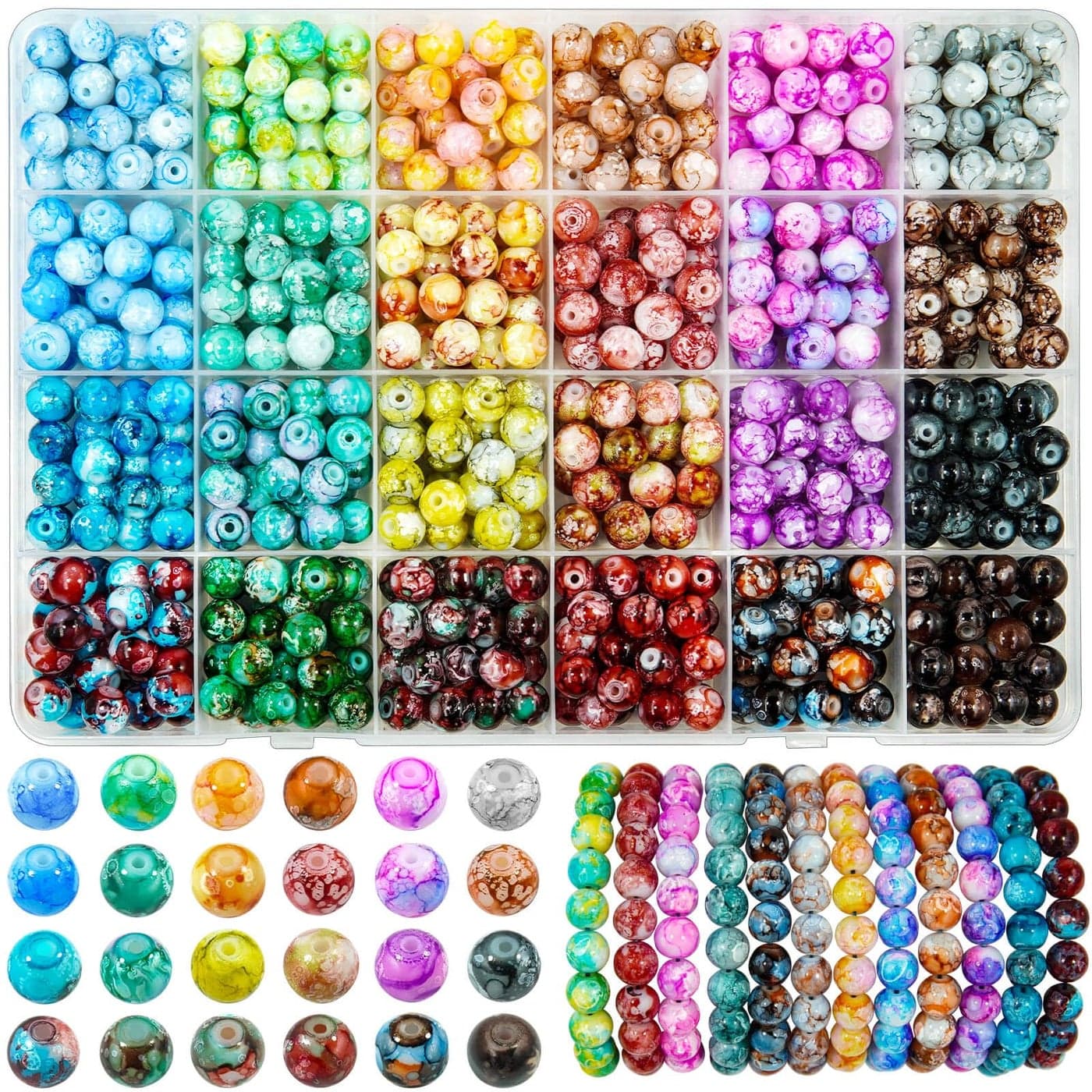 Glass Beads for Jewelry Making 600pcs 8mm Glass Crystal Pattern Beads 24 Colors Snowflake Marble Gemstone Beads Imitation Jade Craft Beads for DIY Earrings Necklace Bracelet Snowflake Crystal Bead