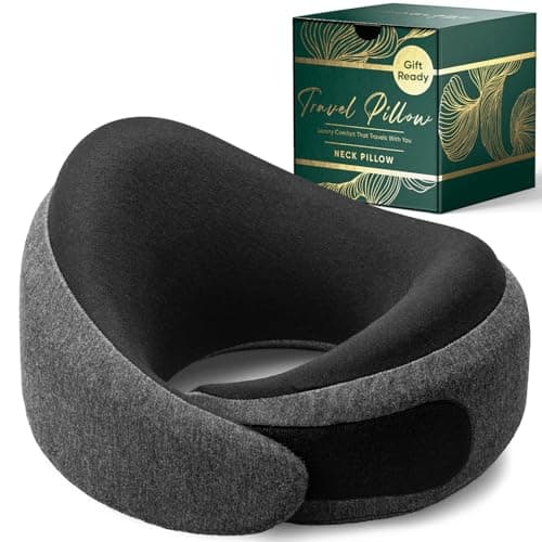 Proglobe Luxe Memory Foam Travel Neck Pillow for Airplanes, Ergonomic 360° Support with Soft Chin Support, Organic Cotton Cover, Compact Compression Bag, Ash Black