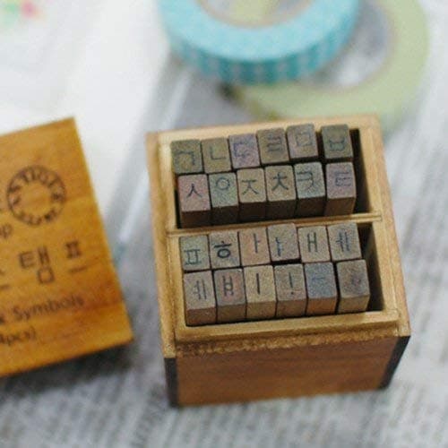 Korean Alphabet (Hangul) Rubber Stamp Letters 한글 스탬프 Characters Wooden Box Kpop Vintage Antique Finish - DIY