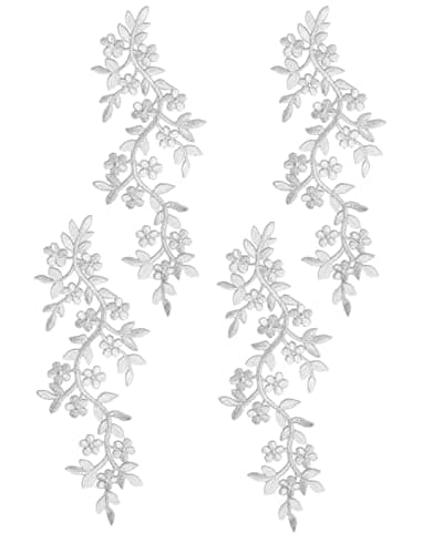 4 Pieces 10x5inch Long Patch Flower Vine with Leaf Iron on Patch Embroided Applique for Garment Curtain Pillow Blanket Trimming Shoes Jeans Clothing Embelishments Silver