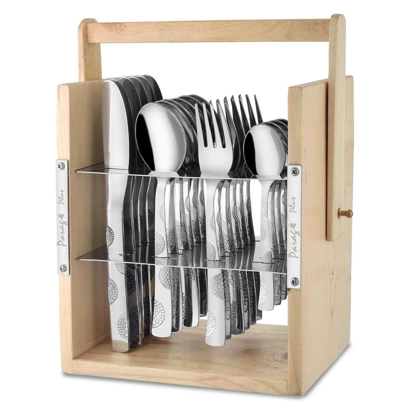 Parage 25 Pieces Stainless Steel Moonpress Cutlery Set with Wooden Hanging Stand for Dining Table Contains 6 Tea Spoons 6 Table Spoons 6 Table Forks 6 Knives Stylish Spoon Set