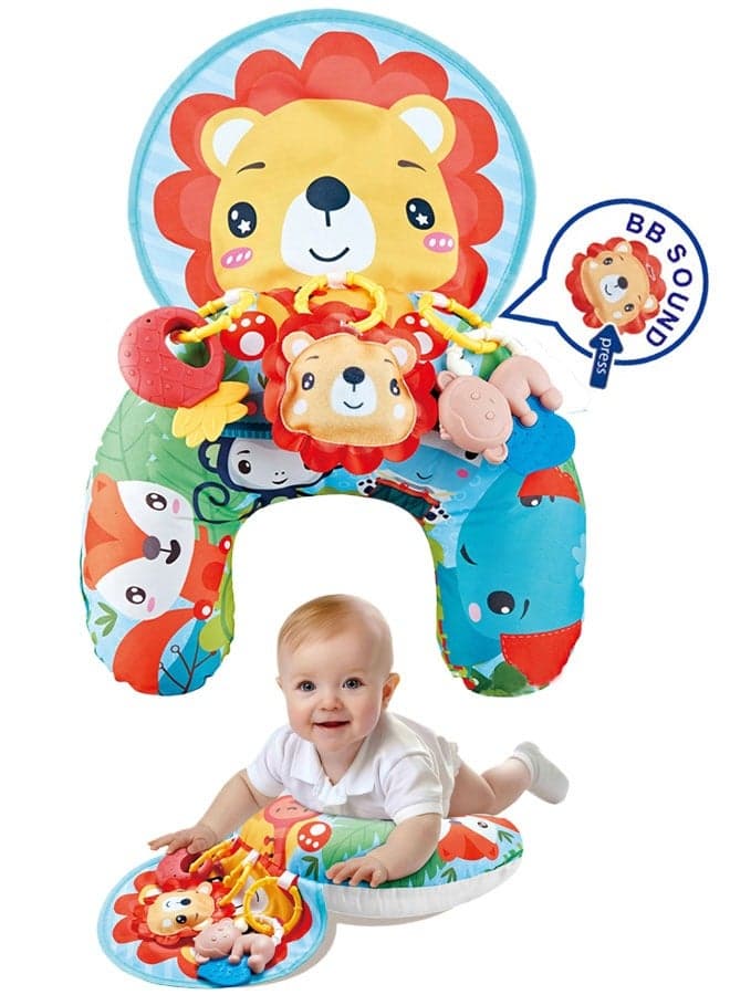 Tummy Time Pillow Toys, Baby Newborn Crawling Playmats, Montessori Sensory Toys with Crinkle Paper, Squeaky Lion Toy and 2 Random Rattles