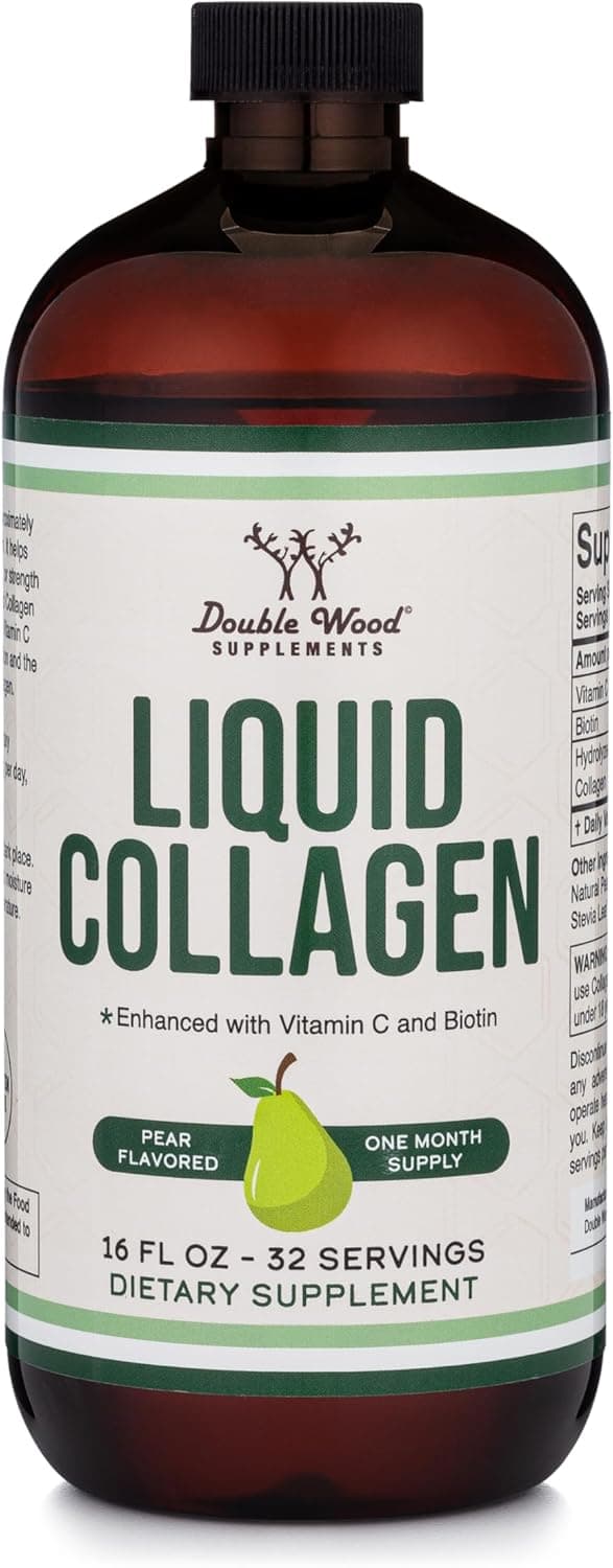 Double Wood Supplements Liquid Collagen 2500mg of Hydrolyzed Bovine Collagen Type 1 3 and Grassfed 32 Servings for Women and Men 30 mcg of Biotin Sugar Free Pear Flavor