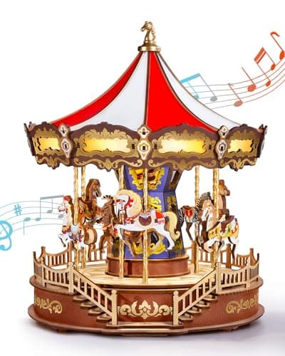 Rolife Wooden 3D Puzzles for Adults, DIY Carousel Music Box with Chaser Lights 11.6" Model Building Kit, Construction Project Craft Kits for Adults Hobby Home Decor Chiristmas Gifts for Boys Girls