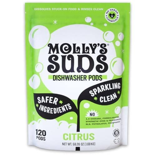 Mollys Suds Dishwasher Pods Clean Dishwasher Detergent Cuts Grease Rinses Clean ResidueFree for Sparkling Dishes 120 AutoRelease Tabs Citrus