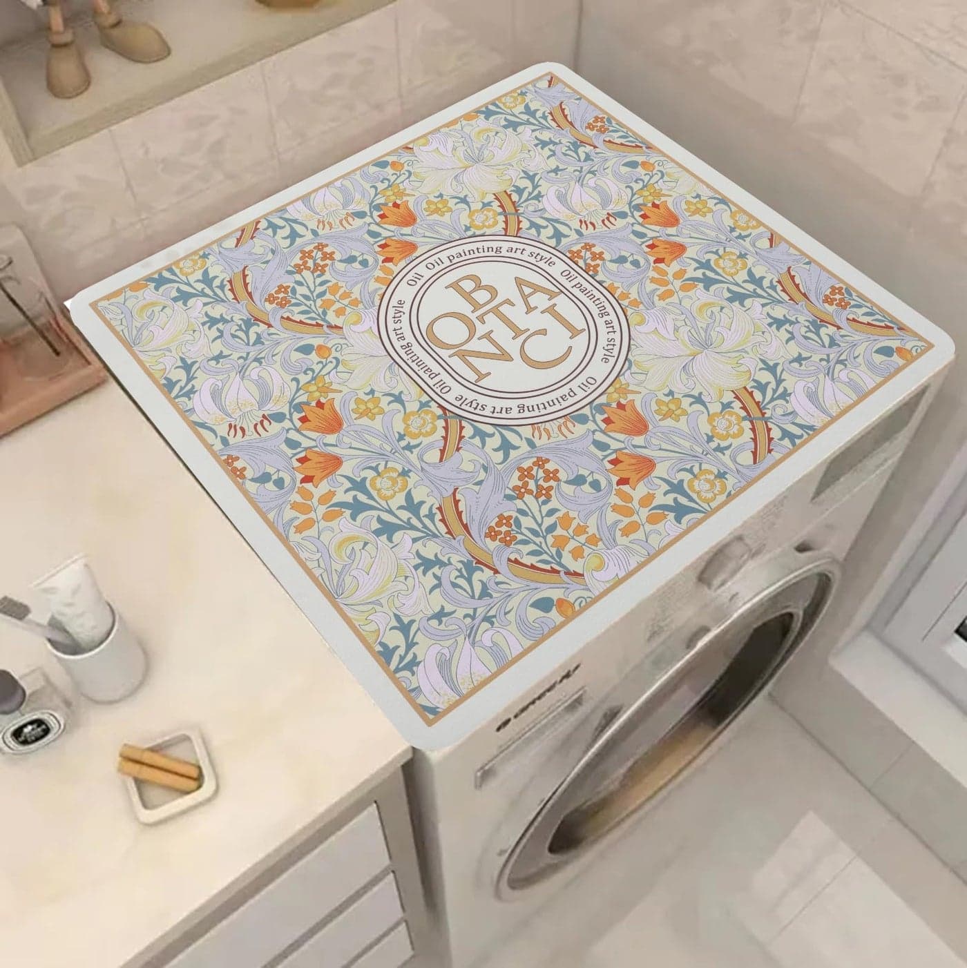HomeCloud Washing Machine Protective Mat for Top of Washer and Dryer - Non-Slip Waterproof Dust Cover for Laundry & Kitchen (60 x 60) (Beige_Botanic)