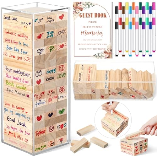Beeveer 80 Pcs Wedding Guest Book Alternative Wooden Block Guest Book for Wedding Sign in Bridal Shower Decoration 54 Pcs Wooden Block Bridal Shower Game for Sign in, Reception(Rustic)
