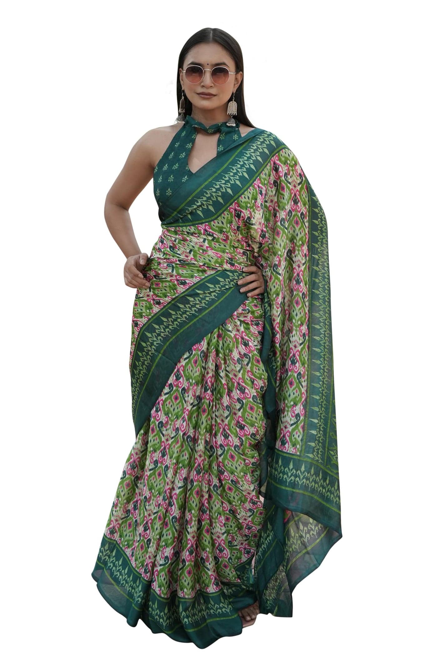 MIRCHI FASHION Women's Plain Weave Chiffon Georgette Ikat Printed Saree with Blouse Piece (36826-Multi, Dark Green)