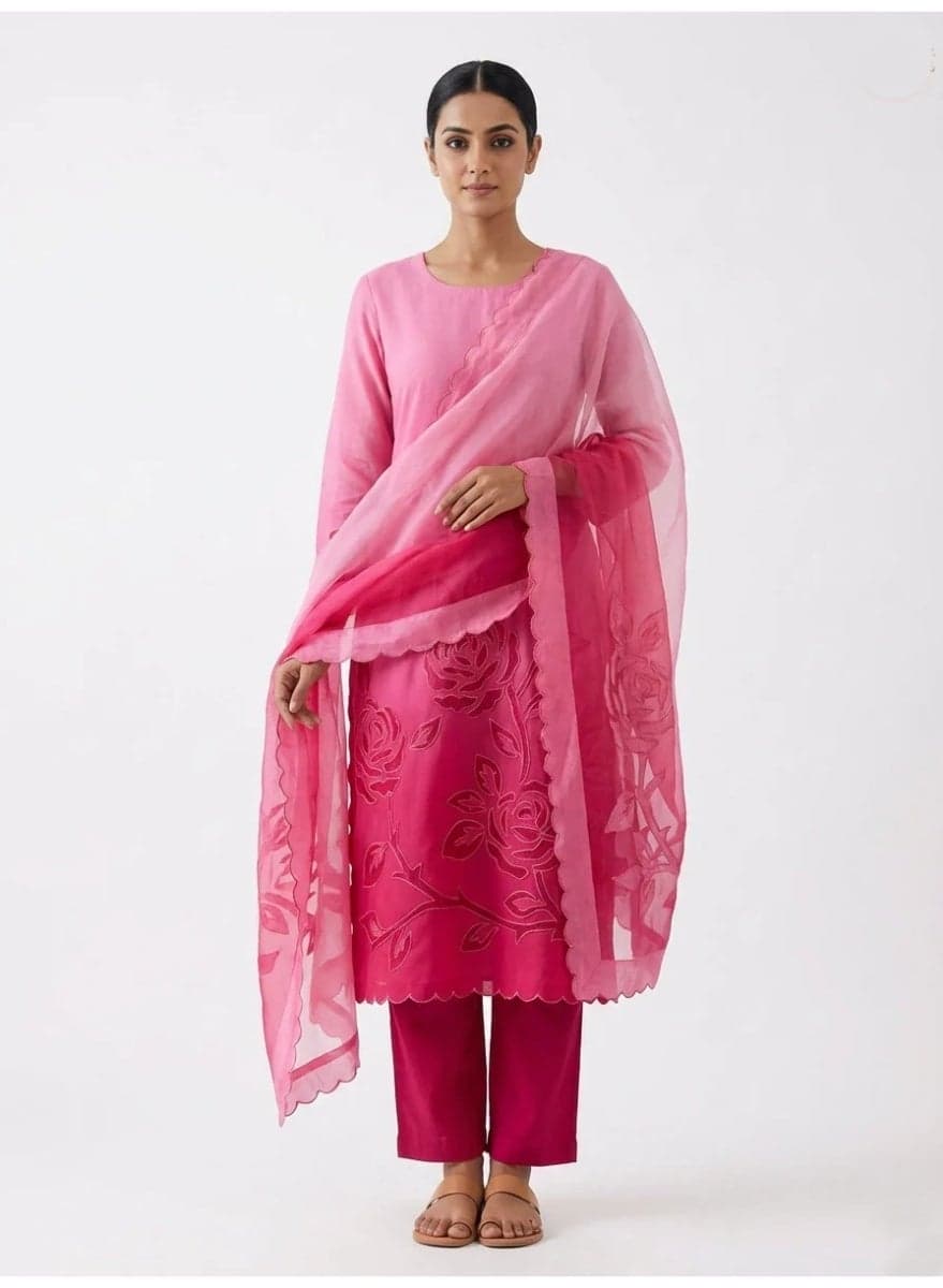 Unstitched Pink Mul Chanderi Embroidered Salwar Suit for Women with Organza Dupatta | Indian Dress for Ladies | Pakistani Suit Salwar Kurta | Kurta Set Ladies Indian Free size material stitchable up to 54 inches (7XL)