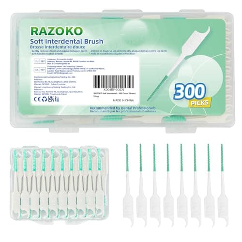 RAZOKO Soft Interdental Brushes Original, Dental Picks for Cleaning Teeth, Disposable Interdental Brushes, with Convenient Carry Case (Green, 300 Count)