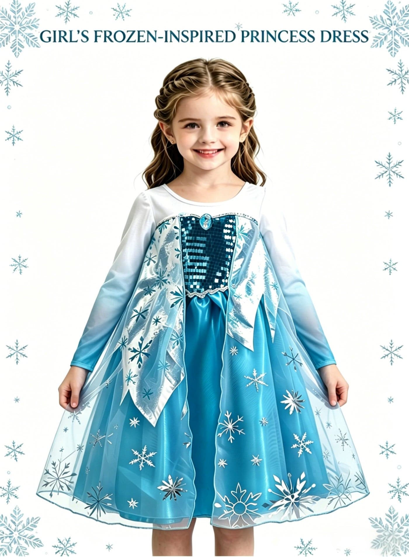 Ice Princess Frozen Costume Dress for Girls, Full Sleeves Flared Style Princess Gown, Elegant Birthday Party Fancy Dress, Halloween Carnival Cosplay Outfit, Kids Fairy Tale Princess Dress for Daily Wear Party Performance