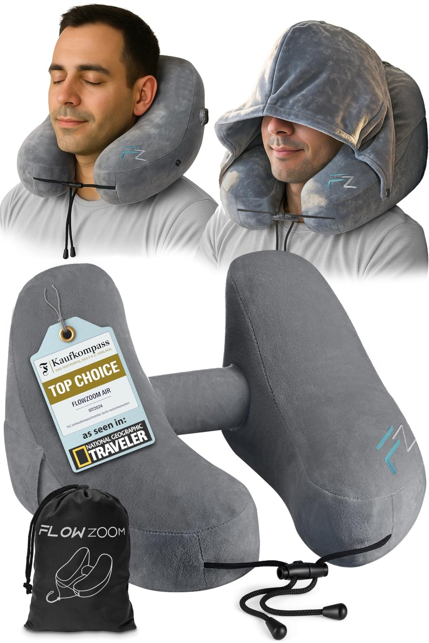 FLOWZOOM Air Inflatable Neck Pillow for Traveling on Plane HShape Hooded Travel Pillow with 5 Snooze Modes Fast Inflation Pressure Control Cozy ClipOn Hood Plushy Cover Size L Silver Gray