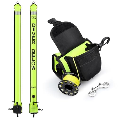 Surface Marker Buoy Scuba with Reel, 6ft/180cm High Visibility Diving Open Bottom Signal Tube Safety Sausage with Pouch Bag, 100ft ABS Dive Reel and Steel Double-Ended Bolt Snap (Yellow)