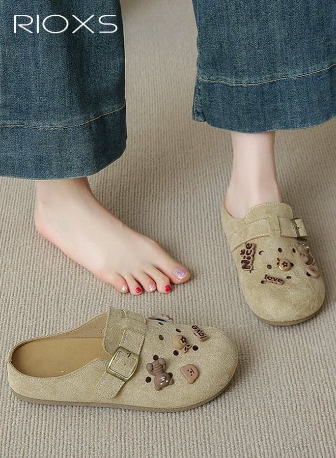 Women's Comfortable Slip-On Slippers, Vintage Birkenstock-Style Summer Outdoor Sandals, Breathable Mesh EVA Cushioned Casual Low-Heel House Shoes, Easy-to-Wear Buckle Flat Slippers, Round-Toe Mule Slippers, Perfect for Everyday Casual Wear, Khaki