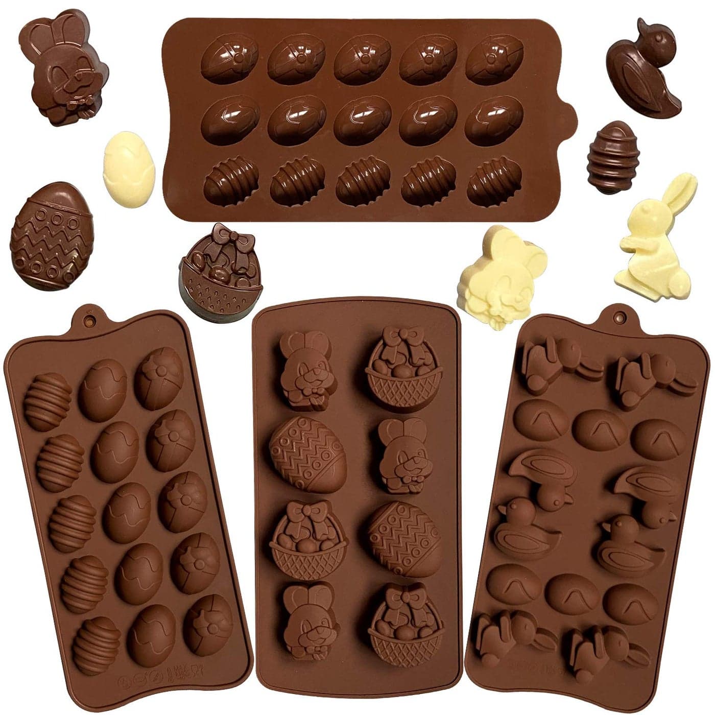 Mautsinus Chocolate Molds Easter Eggs Rabbit Shapes 4Piece Set Silicone Brown Irregular Shape