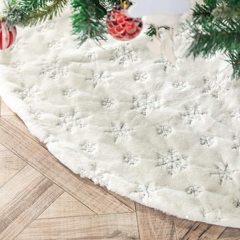 Amidaky Christmas Tree Skirt 30 inches White Faux Fur Silver Snowflake Sequin Embroidered Luxury Tree Skirt Xmas Decoration