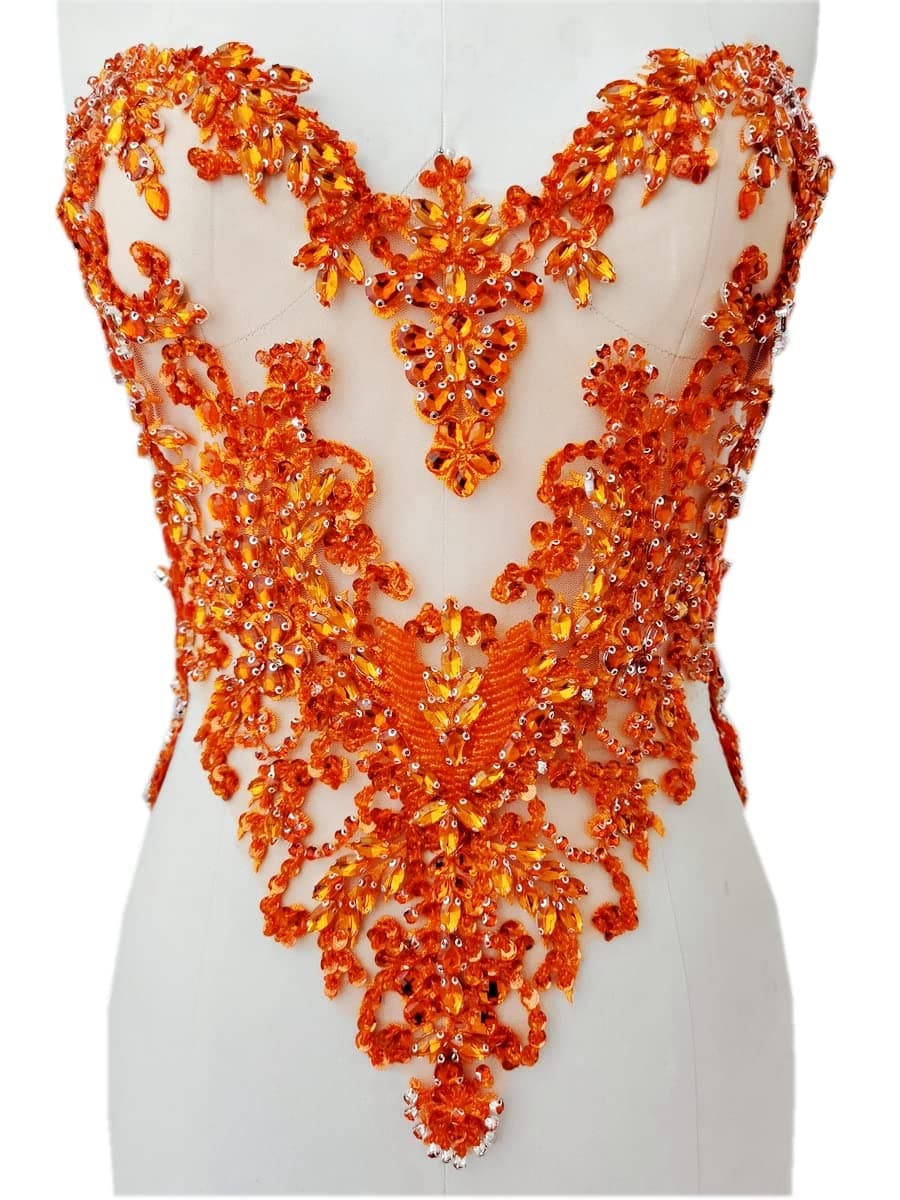 Handmade Rhinestones lace Applique handsewing Beads Sequins Trimming Patches for Dress Clothing Accessories More Colour Orange