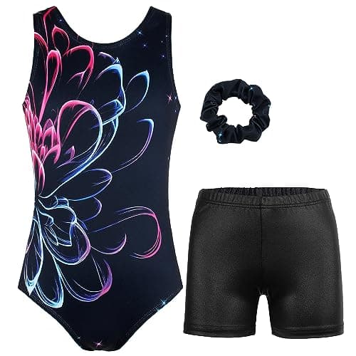 MODAFANS Leotards for Girls Gymnastics with Shorts Ballet Dance Athletic Leotards with Hair Scrunchie Black Flower,6-7Years