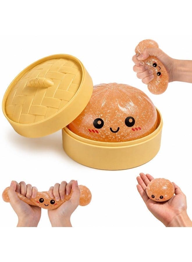 Glitter Dumpling Squishies Stress Balls,Colorful Squeeze Dough Ball Fidget Sensory Toys,Stretchy Hand Desk Toy with Food Steamer for Stress Relief Gift
