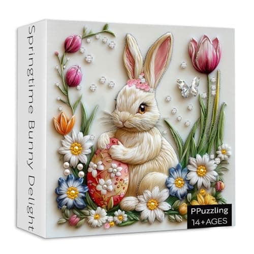 Easter Bunny Puzzle for Adults 1000 Pieces Cute Rabbit with Spring Flowers Butterfly and Decorative Egg Jewel Art Jigsaw Puzzle Challenging Spring Garden Jigsaw Puzzle for Easter Lovers