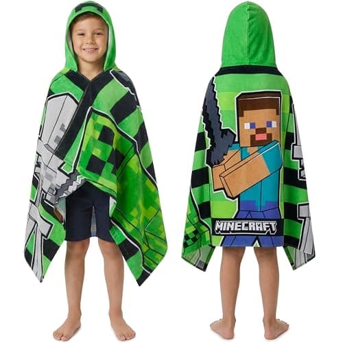 Minecraft Towelling Poncho Kids Teens Hooded Bath Towels Absorbent Beach Towel GreenBlack 614 Years