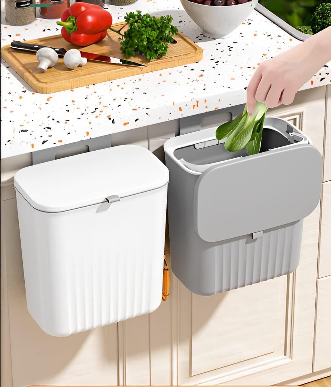 KEYOZA Hanging Trash Can for Kitchen Cabinet Door with Lid Small Under Sink Garbage Can for Bathroom Wall Mounted Counter Waste Compost Bin Plastic White