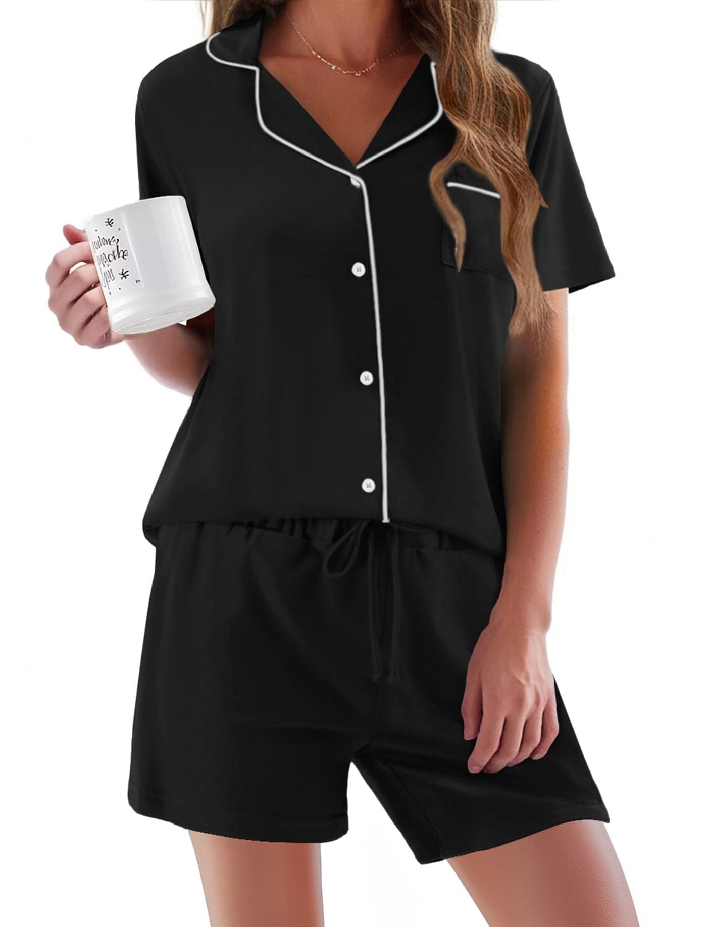 Ekouaer Pajamas Set for Women Short Sleeve Sleepwear Button Down Pjs Soft 2 Piece Lounge Sets Black Small
