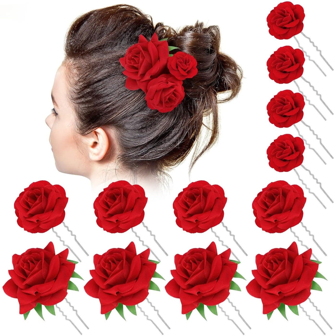 BBTO 12 Pcs Rose Hair Clip Mexican Accessories for Flamenco Dancer Women Mexican Flowers Bridal Flower Hair Pins Clips for Wedding Dance Birthday BridesmaidLarge Medium SmallRed
