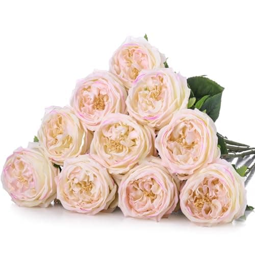 Daifunli 10pcs Real Touch Peonies Artificial Flowers, Faux Austin Rose with Long Stem Look Real Fake Flower for Christmas Valentines Arrangement Wedding Party Home Kitchen Decor(Flesh Pink)