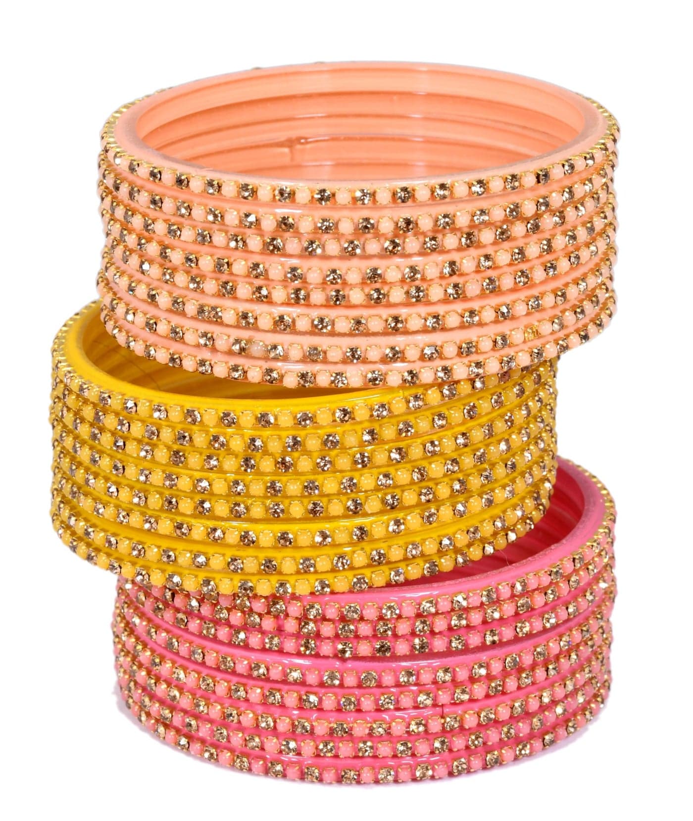 Swara Creations GLass Bangles Set 2.8 |Pink Yellow Peach Zircon/Stonework Glass bangles in shiny Finish| for Women & Girls(24 Bangles)(SKU258)
