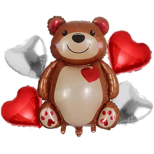 KITTER Bear Theme Birthday Party Decoration Kit, Birthday Decor Foil Balloons Set for Boys Girls Kids, Set of 5 Pieces | Includes 1 Big Bear, 2 Red Hearts & 2 Silver/Chrome Colour Foil Balloons
