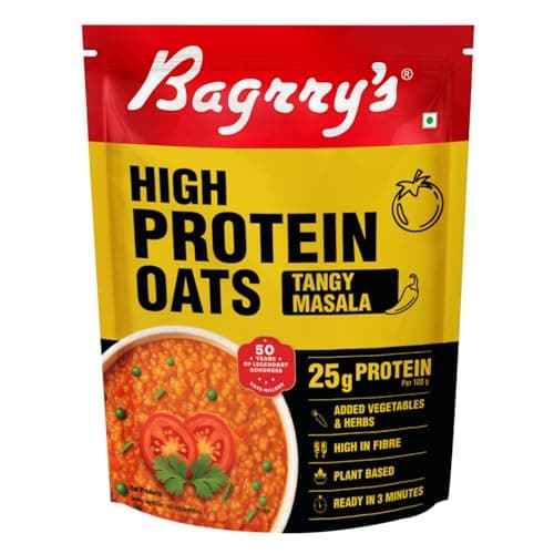 Bagrry’s High Protein Masala Oats 400g | 25g Plant Protein | Tangy Masala Flavour | Instant Savoury Oats | Wholegrain Breakfast Cereal with Real Veggies & Herbs | Protein Oats for Gym & Weight Management | No Palm Oil, No MSG, No Added Preservatives | Ready in 3 Minutes