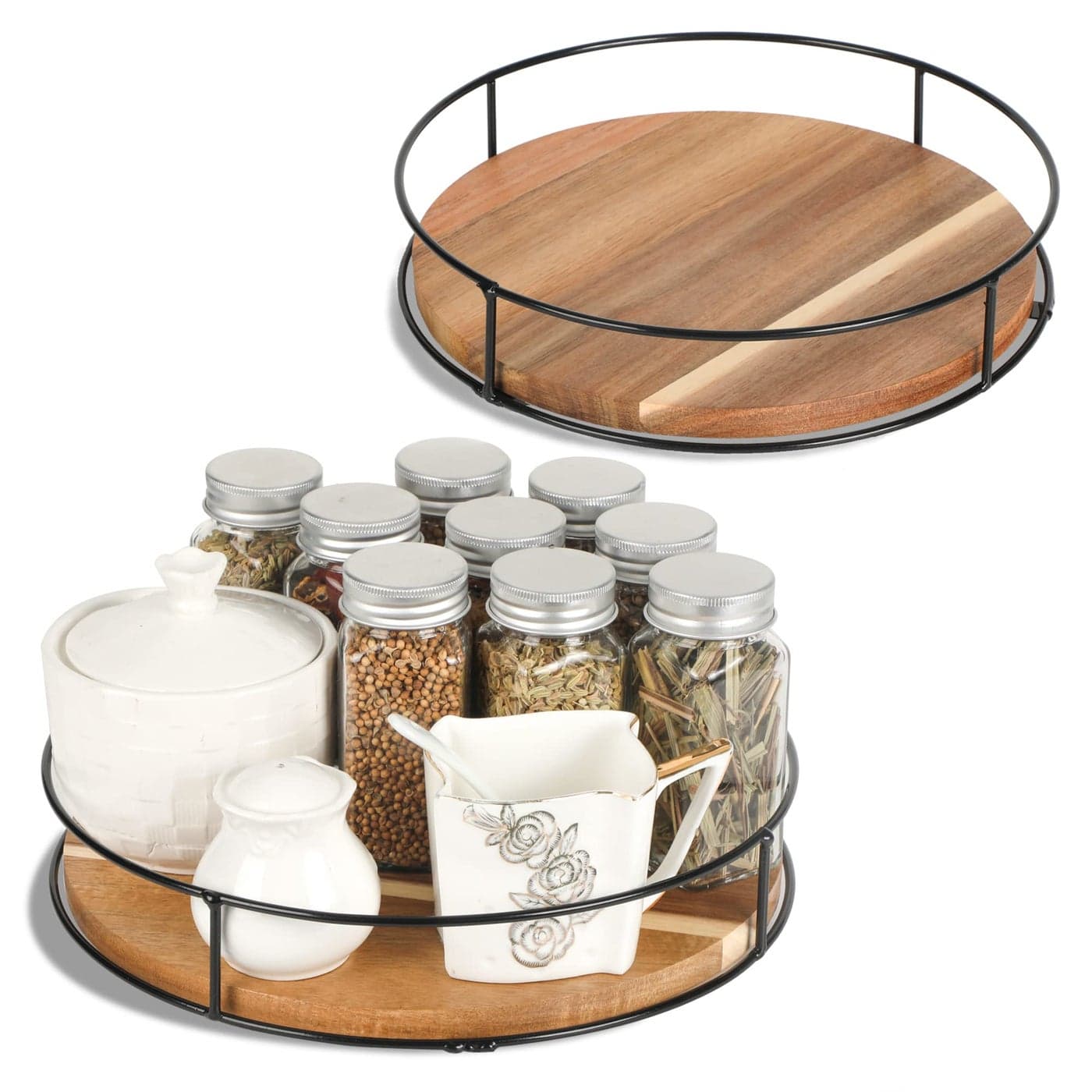 2 Pack 9 10 Acacia Wood Lazy Susan Organizers with Steel Sides Lazy Susan Turntable for Cabinet Kitchen Turntable Storage for Table Countertop Pantry