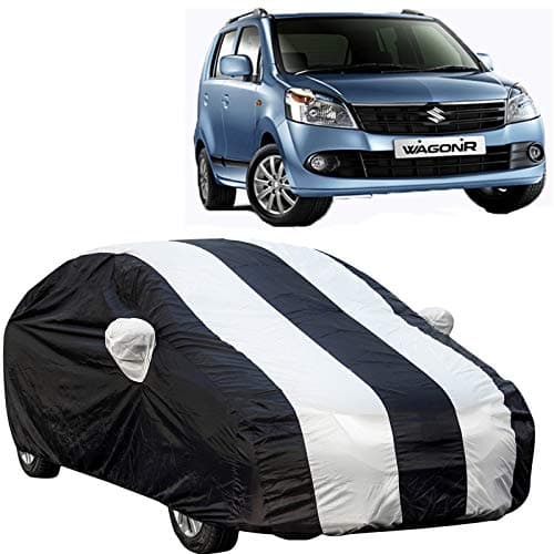 The Autostory 190 Taffeta Water Resistant Car Body Cover Compatible with Maruti Wagonr/Wagon r (2010 to 2018) with Mirror Pockets (White/Navy Blue)