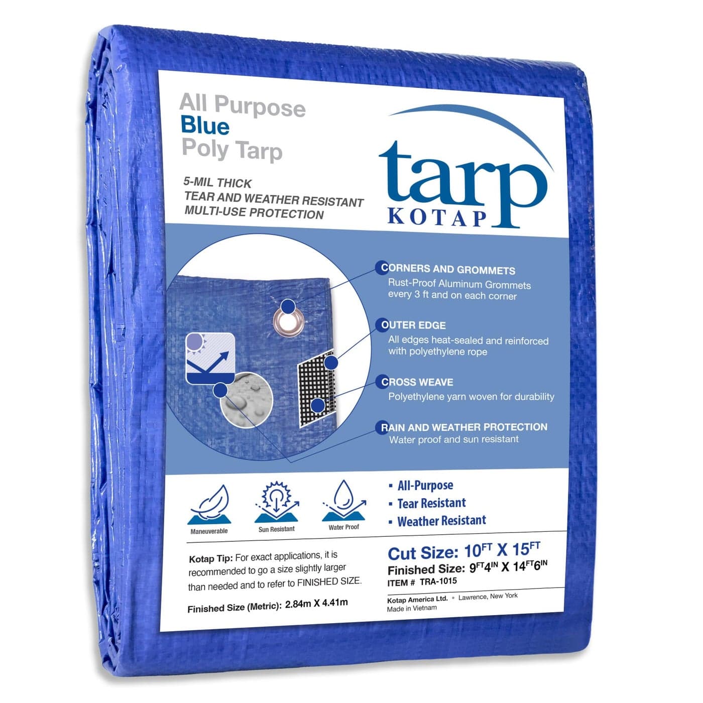 Kotap 10 x 15 Ft AllPurpose MultiUse ProtectionCoverage 5mil Poly Tarp Waterproof Blue TRA1015