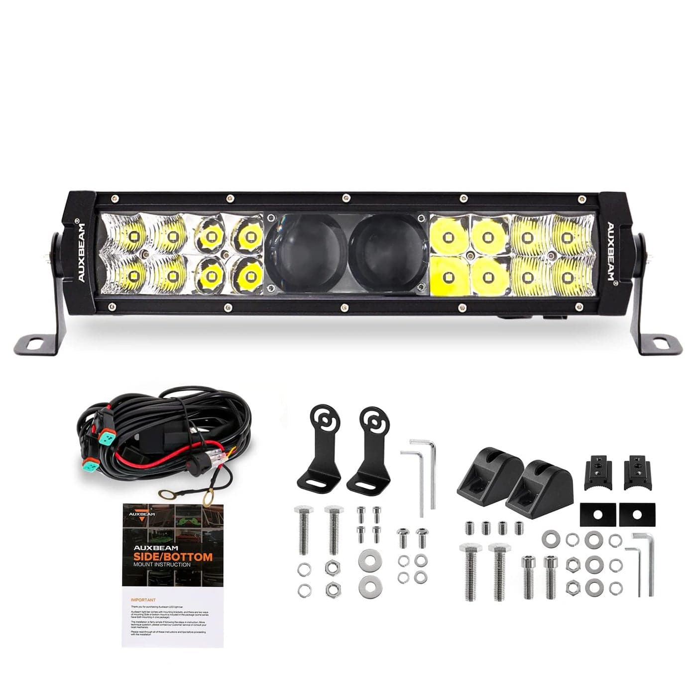 Auxbeam 12Inch Led Light Bar 100W 12000LM 5D Pro Lens Off Road Driving Light Spot Flood Combo Fog Light with 10FT Wiring Harness Kit Professional Grade Outdoor Lighting Source P8 LED